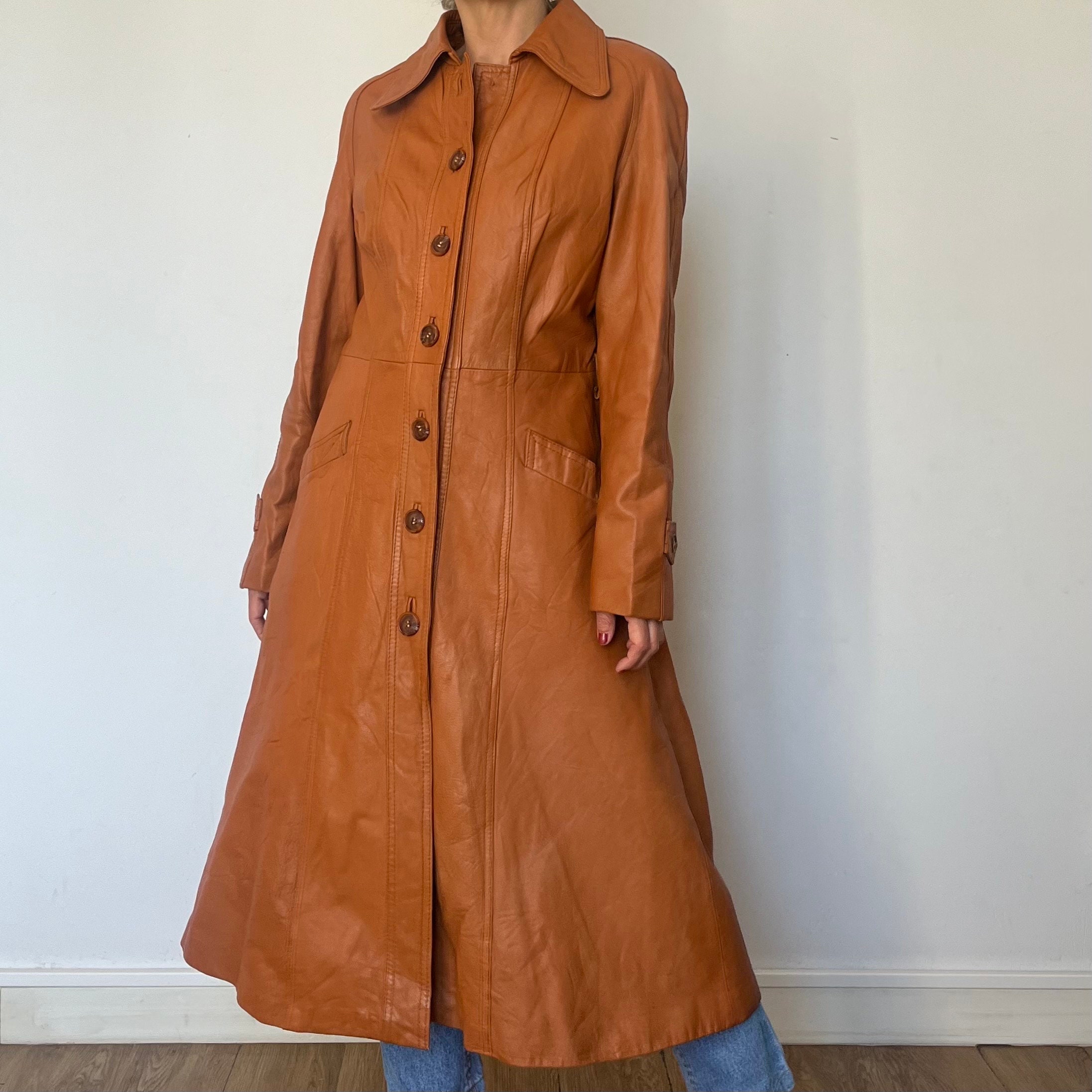 Vintage Brown Leather Trench Coat - 1990s Fitted Overcoat