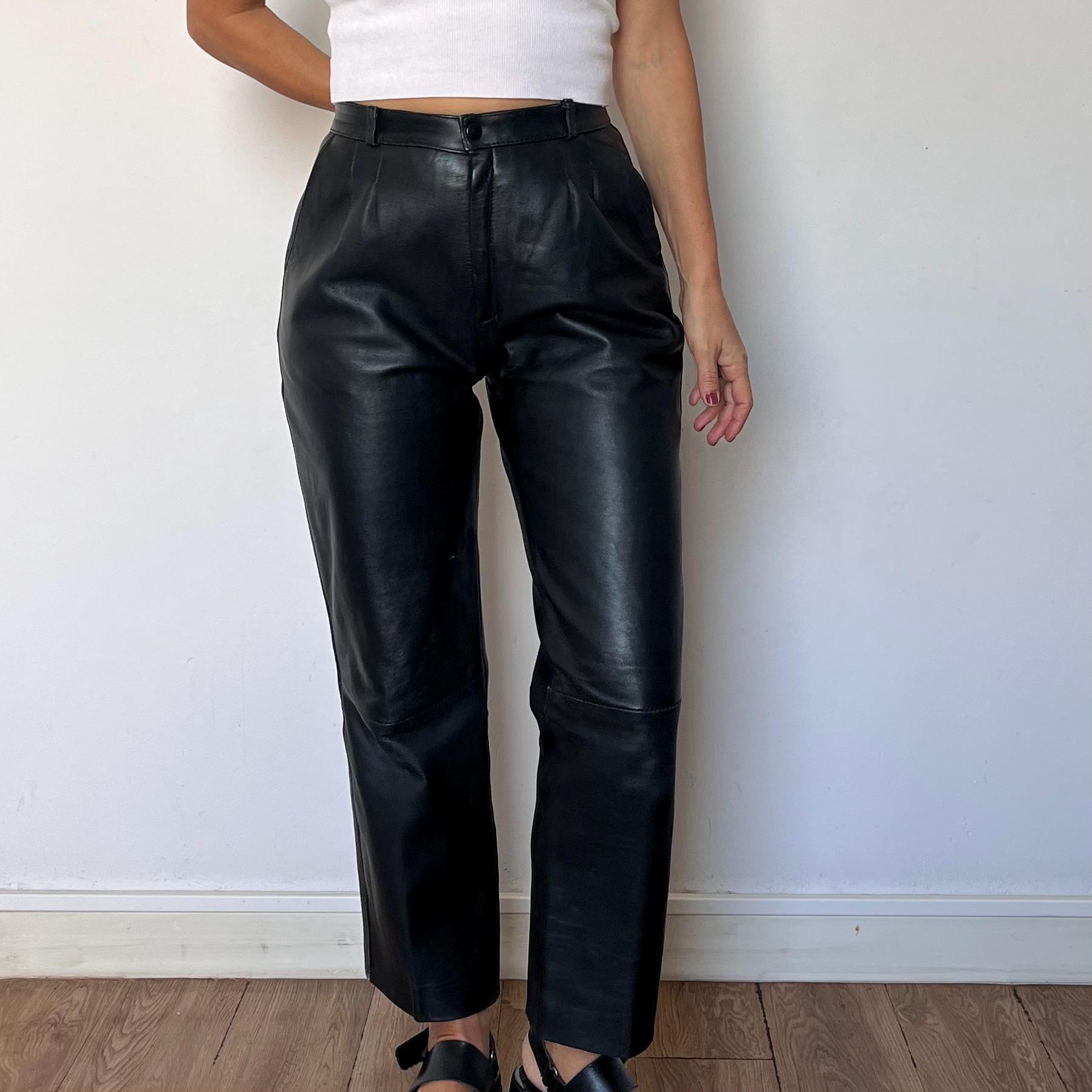 90s Vintage Black Leather Trousers: High Waist Rocker Biker Pants