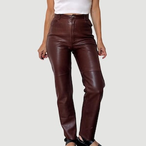 Vintage Woman Brown Leather pants - Genuine Leather Rocker Biker Pants - High waist leather trousers - Size S - 1990s