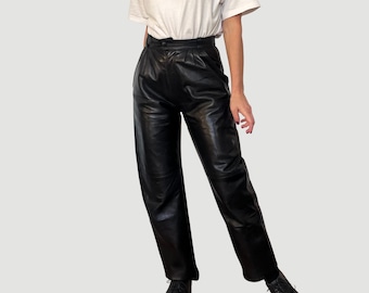 Vintage 90s Black Leather Trousers with pleats: High Waist Biker Pants - Size S