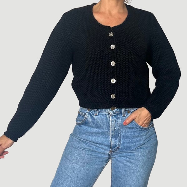 Cardigan court en laine vintage pour femme - Cardigan court autrichien noir - Pull cardigan folk en tricot torsadé - Taille S - Années 1990