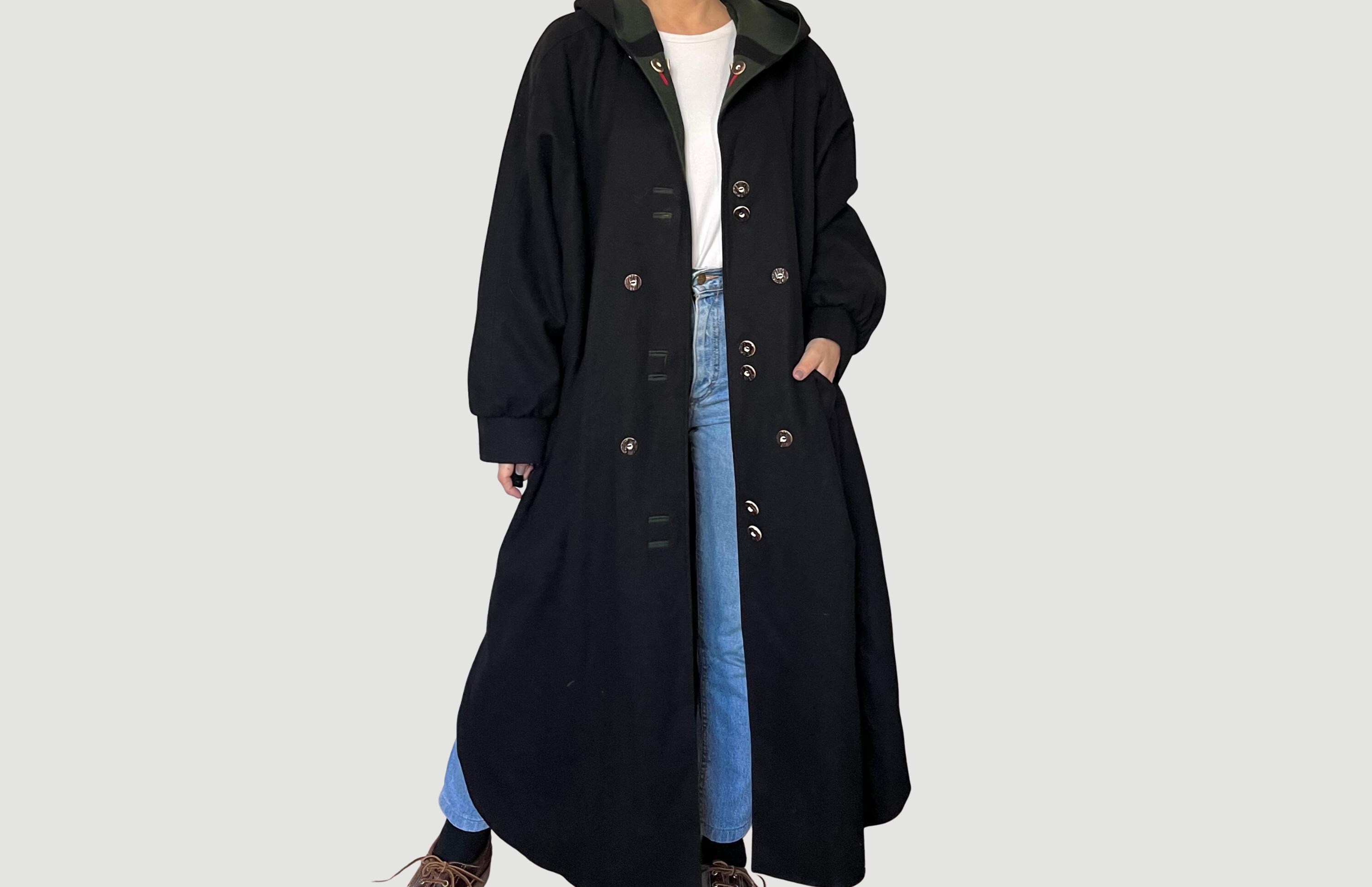 Vintage 90s Austrian Wool Long Coat With Hood - Oversized Loden