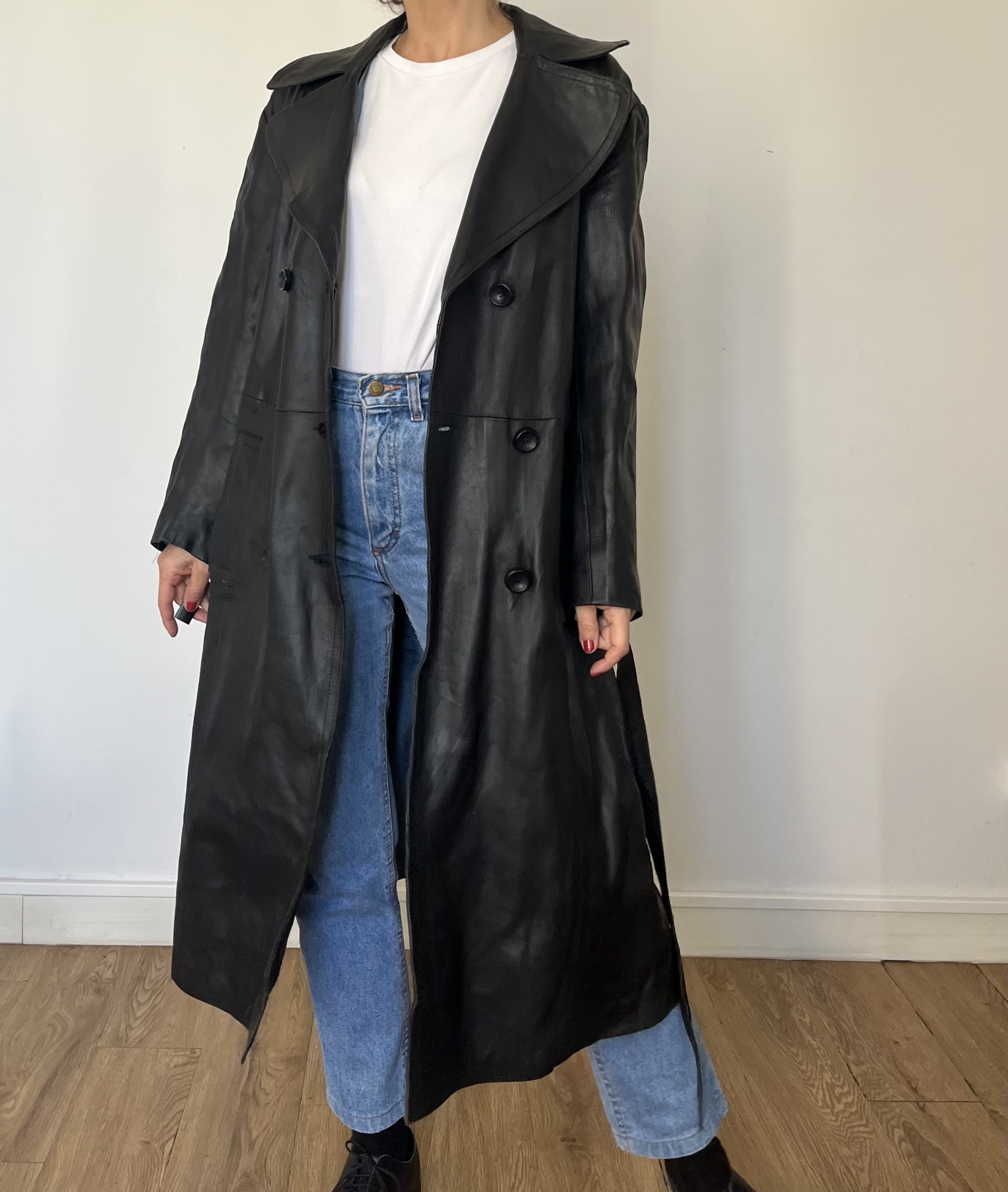 【希少品】Vintage Leather Long Trench Coat Womens Leather Trench Coat Silver S-M? Long Lambskin Vintage