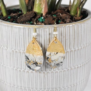 Unique Tear Drop Marble Print Earrings with Gold Leaf (polymer clay with resin coating and hypoallergenic fish hook ear wire)
