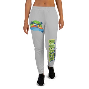 Brazilian Joggers, Brazil Flag Joggers, Brazil Palm Tree Pants, Volleyball Pants, Brazil Island Vibe, Sweatpants, Women&#39;s GRAY Joggers