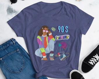 90's Vibe Shirt, 90's Girl Shirt, Old School Shirt, Bright Colorful Shirt, 90's kids Shirt, Vintage Tee, Walkman Women's short sleeve shirt