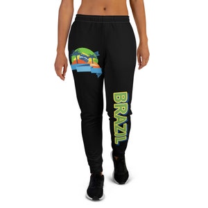 Brazilian Joggers, Brazil Flag Joggers, Brazil Palm Tree Pants, Volleyball Pants, Brazil Island Vibe Sweatpants, Women&#39;s BLACK Joggers