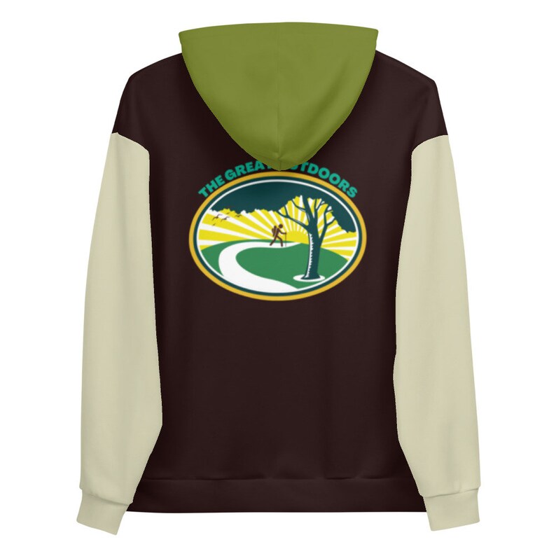May include: A brown hooded sweatshirt with a cream colored sleeve and a green hood. The back of the sweatshirt has a green, white, and yellow logo that says "The Great Outdoors" with a silhouette of a person hiking on a path.