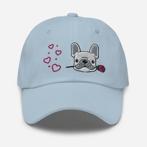 French Bulldog Hat, Valentines Day Gift Hat, Rose Flower Hat, Frenchie Mom Hat, Romantic Dog Hat, Dog Lovers Hat, I Heart Dogs Hat, Dad hat