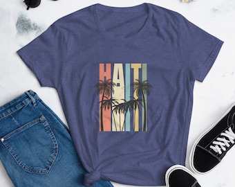 Haitian Shirt, Retro Haiti Shirt, Vintage Haitian Tee, Haitian Palm Trees Shirt, Colorful Haiti Gift Shirt, Women's short sleeve t-shirt