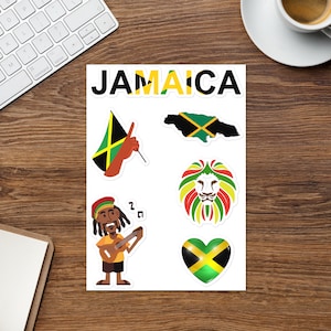Adesivos da Jamaica, adesivos da cultura jamaicana, adesivos I Love Jamaica, adesivo da bandeira jamaicana, adesivo do homem rasta, folha de adesivos do orgulho jamaicano