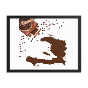 HAITIAN MAP COFFEE Framed poster, Map of Haiti Wall art, Old Coffee Machine, Ground Coffee Bean Powder