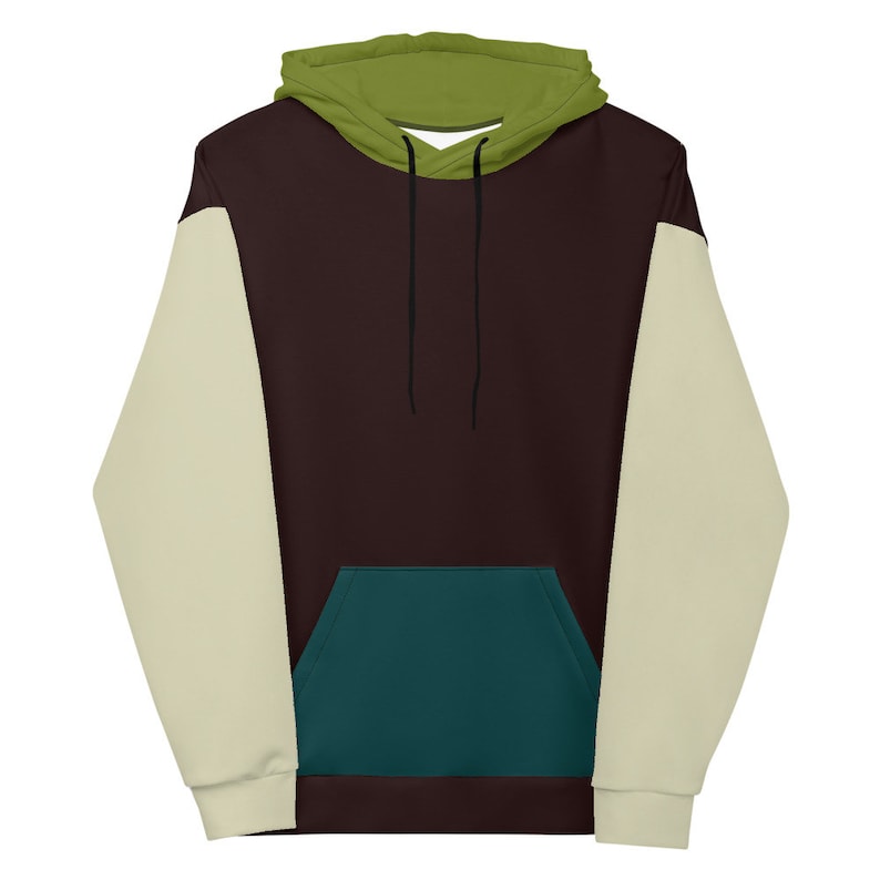 May include: A brown hoodie with a green hood and cream colored sleeves. The hoodie has a teal blue pocket on the front.