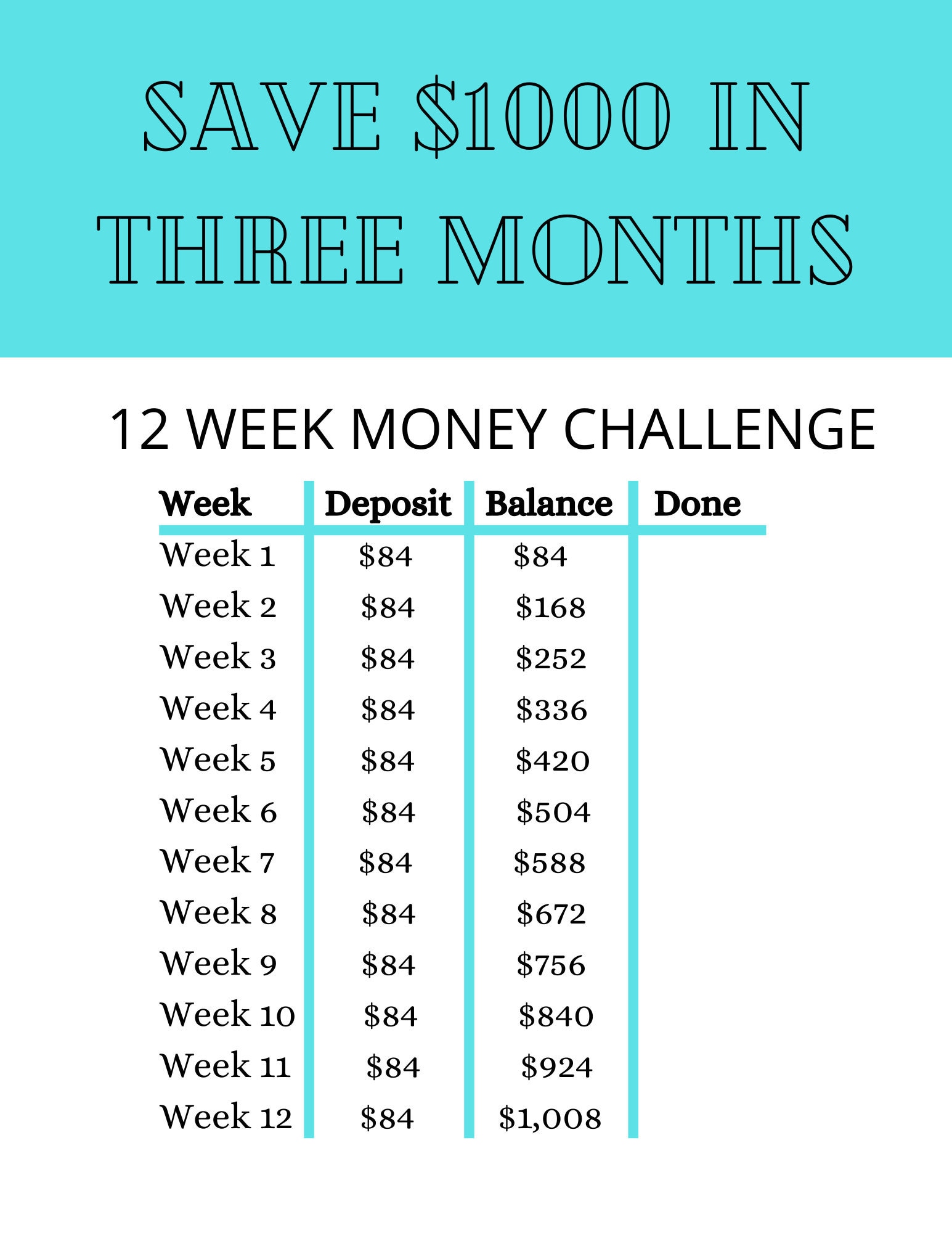 Money Savings Challenge Printable Save 1000 in 3 Months Etsy