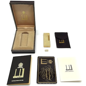 DUNHILL Rollagas Gold Plated Cross Lines Gemline Vintage Collectors Lighter with Original Box and Papers Super Rare