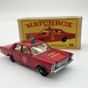 Matchbox Lesney No 59, Ford Galaxie Fire Chief Car, Mint Conditon With Original Box, 1966 Collectible Made in England, Matchbox Diecast 1/73