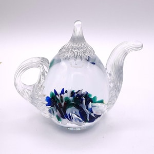 Gibson Glass Teapot Paperweight, Floral Paperweight, Glass Paperweight Vintage, Glass Paperweight Handblown, Art Glass Paperweight, Office