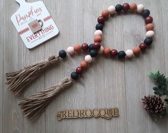 Fall Autumn Black Spiced Berry Terracotta and Soft Coral Wood Bead Garland with Tassels | Wood Bead Garland for Fall Autumn Home Decor