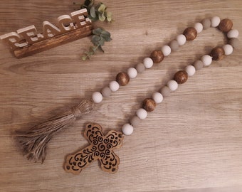 Wood Bead Cross Garland, Bead Garland Cross, Neutral Christmas Decoration, Stained Wood Bead Garland, Christmas Decor, Xmas Decor, Wood Bead