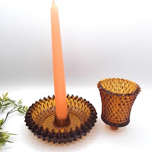 Amber Glass Votive Holder, Colored Glass Candlestick Holder, Indiana Glass Diamond Point, Indiana Glass Amber, Vintage Indiana Glass