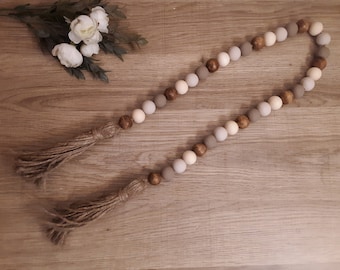 Natural, Painted and Stained Wood Bead Garland | Rustic Natural Wood Bead Garland | Cream Beige and Iced Coffee Wood Garland with Tassels