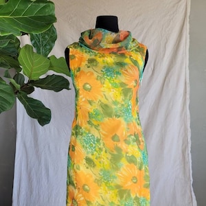 1960s &#39;Pomere Tahiti&#39; Bright Floral Print Sheath Dress