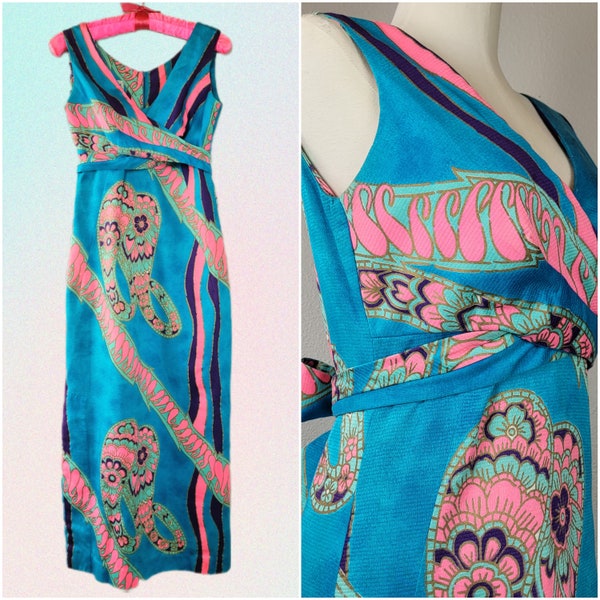 1960s Hawaiian Slim Fit Wrap Dress w Neon Paisley Print and Side Slit
