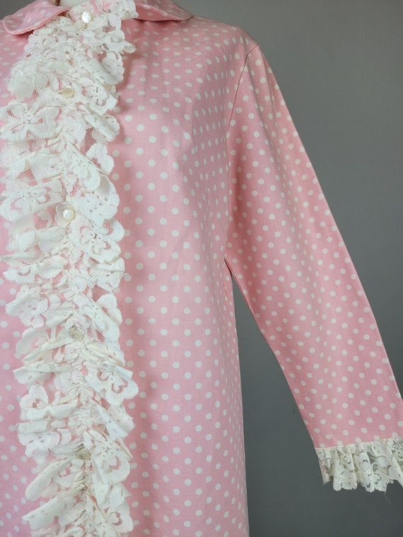 1960s Bubblegum Pink Polka Dot Mini Dress w Lace … - image 2