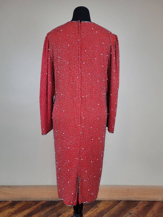 1990s Elegant Beaded Red Silk Shift Dress - image 4