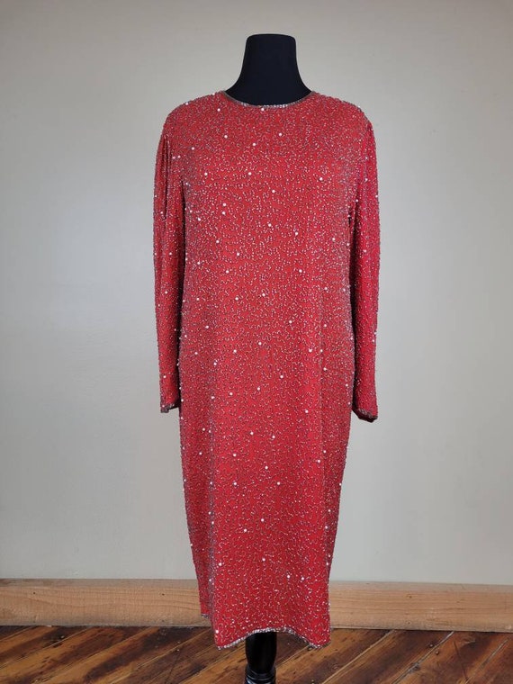 1990s Elegant Beaded Red Silk Shift Dress - image 2