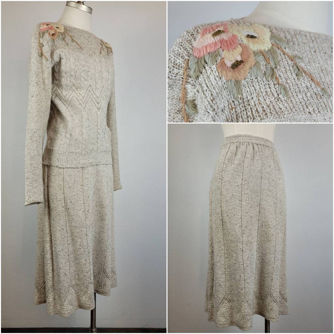1990s Knit Sweater Skirt Set W Floral Embroidery Etsy