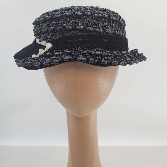 1950s Black Raffia Hat w Beaded Buckle