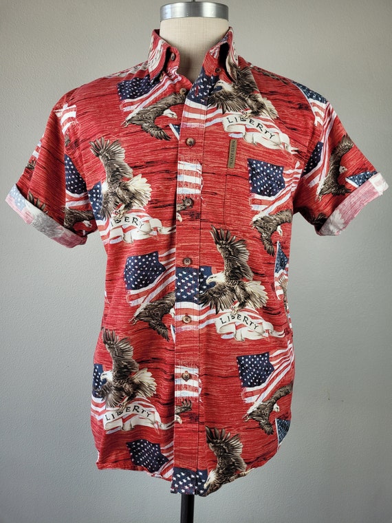 1990s Cotton Patriotic Short Sleeve Oxford Shirt