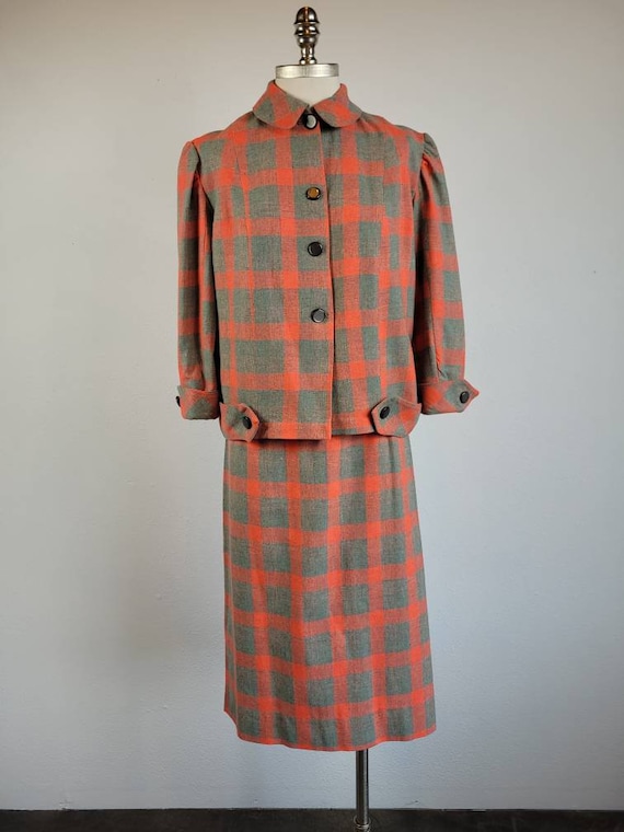 Late-1950's Orange & Grey Plaid Wool Suit - Excel… - image 3