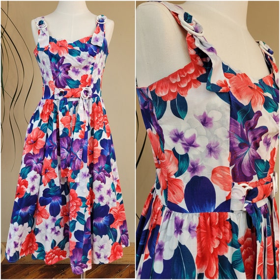 1990s Brilliant 50s-style Hawaiian Floral Print D… - image 1