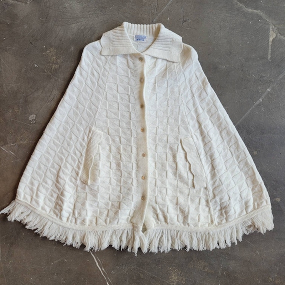 1960-70s Knit Fringe Poncho Sweater Top - image 1