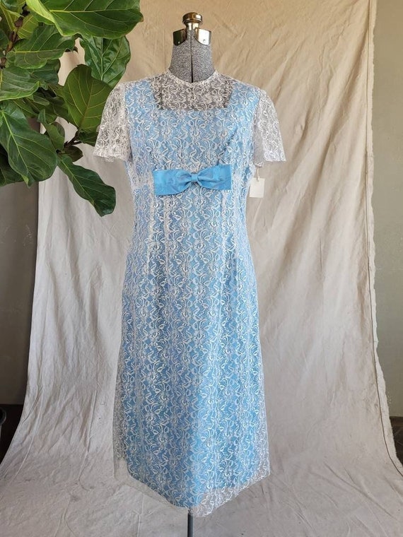 1960s Lace & Blue Brocade Party Dress