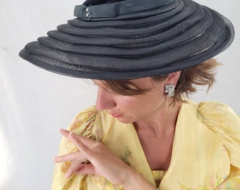 1950s Black Velvet & Horsehair Pancake Hat