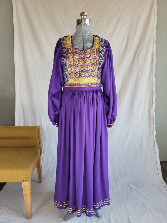 1970s Gold-Embelished Purple Maxi Dress w Bishop S