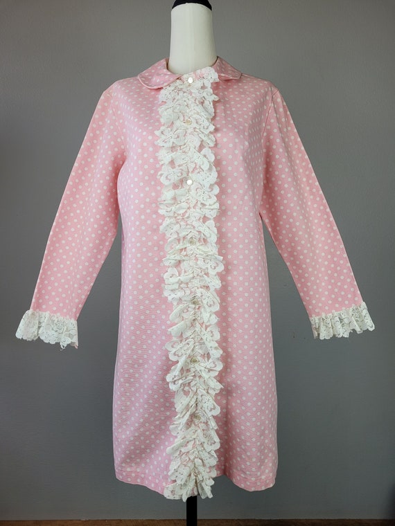 1960s Bubblegum Pink Polka Dot Mini Dress w Lace … - image 1