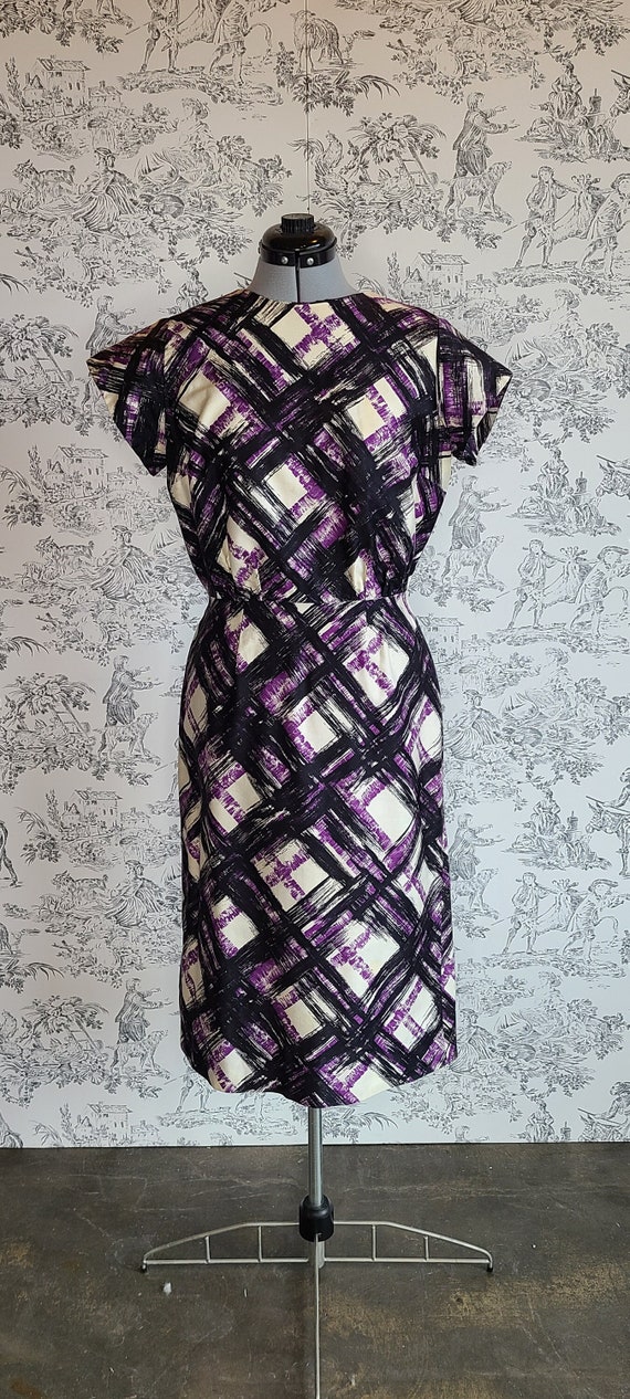 1960s Abstract Purple Plaid Sheath Dress