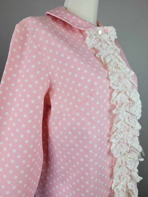 1960s Bubblegum Pink Polka Dot Mini Dress w Lace … - image 7