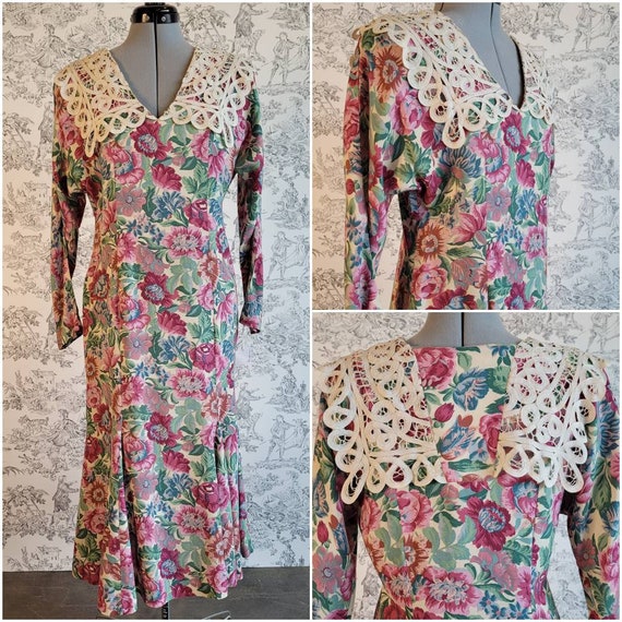 1980s 'Jane Singer' Cottage Core Floral Dress w/ … - image 1