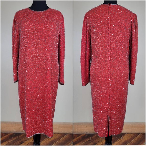 1990s Elegant Beaded Red Silk Shift Dress - image 1