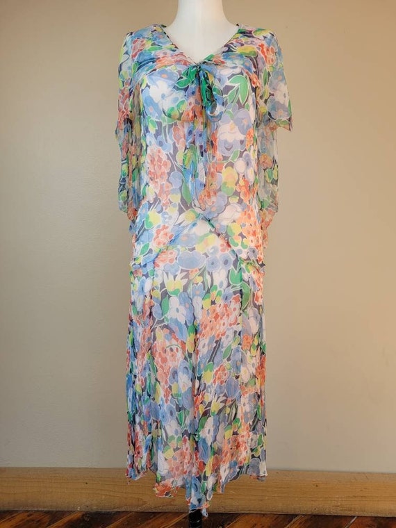 1930s Crepe Chiffon Silk Floral Print Dress