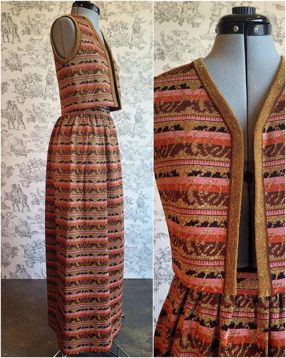 1970s Multi-colored Metallic Knit Maxi Skirt & Ves