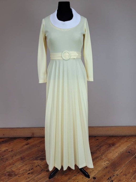 1970s Toni Todi Soft Yellow Pleated Maxi Dress