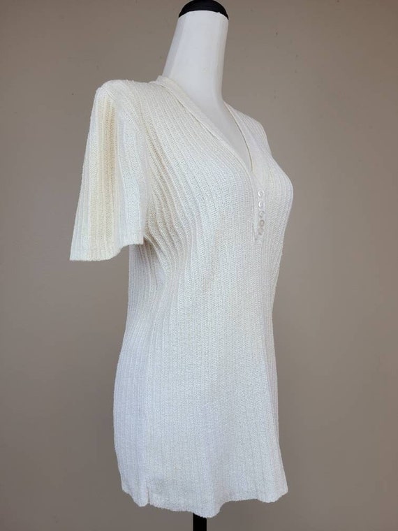 1970s Knit Short Sleeved Cozy Cotton Henley Top