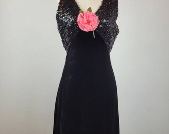 1960s Velvet and Sequin Mini Dress w Floral Accent