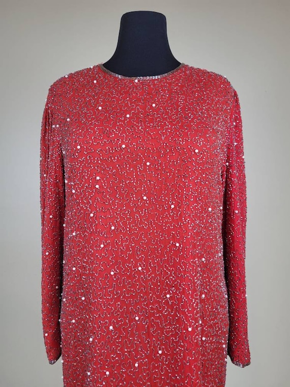 1990s Elegant Beaded Red Silk Shift Dress - image 5